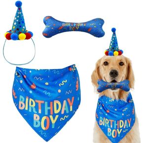 Dog Birthday Boy Bandana Hat Toy Set Pet Happy Birthday Party Supplies Triangle Bibs with Cute Bone Dog Birthday Scarf Accessories and Decoration for Doggy Large Dog – Blue