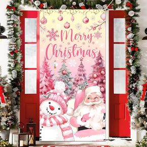 Merry Christmas Door Cover Pink Christmas Decorations, Christmas Santa Claus Door Hanging Banner Pink Christmas Snowman Backdrop Banner for Home Front Door Holiday Xmas Party