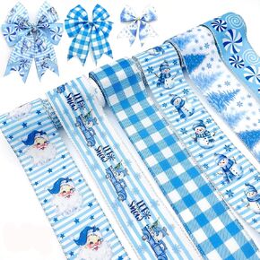 6 Rolls Blue Winter Christmas Wired Ribbon - 2.5'' Wide Blue Snowflake, Snowman & Christmas Tree Patterns - 30 Yards Light Blue Glitter Ribbon for Winter Holiday Decor