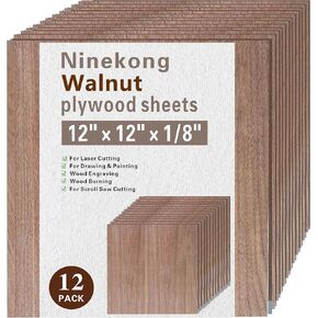 12 Pack Walnut Plywood Sheets 1/8",12x12x1/8 inch Plywood Sheets,3mm Walnut for Laser Cutting,Laser Engraving Blanks,Drawing & Painting,Thin Natural Unfinished Wood for Crafts,Scroll Saw Cutting