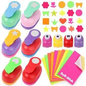 10PCS Craft Hole Punch Shapes 6Pcs 1-Inch and 4Pcs Small Paper Punches Scrapbook Punches with 10 Pcs Craft Sticker Paper for DIY Handmade Crafting Paper Circle Star Flower Heart Squares