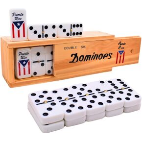 Dominos Set for Adults - Professional Puerto Rican Guitar Dominoes Set with Spinner, 28 Double Six Tiles in Wooden Box - Elegant Dominoes Set for Kids and Adults