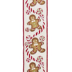 Kurt S. Adler Kurt Adler 10-Yard Woven White Fabric Gingerbread Men & Peppermint Candy Pattern Ribbon