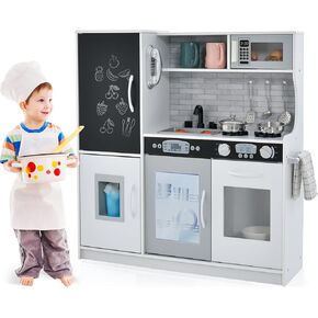 OLAKIDS Kids Kitchen Playset, Toddler Wooden Pretend Cooking Set with Sound, Chalkboard Fridge Ice Maker Microwave Oven Stove Telephone Sink, Simulation Chef Play Toy Gift for Boys Girls (Pink)