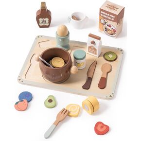 ROBOTIME Play Food Sets for Kids Kitchen, Wooden Food Toys Play Kitchen Accessories, 30+ Pieces Breakfast Set, Montessori Pretend Play Kitchen Toys, Gift for Boys & Girls Ages 3-6