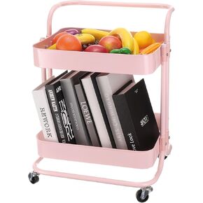 uxcell 2 Tier Rolling Cart,Rolling Storage Cart with Handle and Lockable Wheels Kitchen Cart, Storage Trolley Organizer Cart for Living Room, Pink