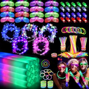 152 PCS Glow in Dark Party Favor Set For kids,10 Foam Glow Sticks, 12 LED Glasses, 10 Light up Headband, 20 Finger Lights, 100 Glow Sticks for Wedding, Concert, Raves, Birthday