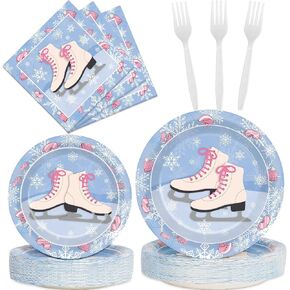 100 Pieces Roller Ice Skating Party Plates Napkins Skating Tableware Set Winter Party Skate Dinnerware Disposable Paper Dessert Plates Napkins for Birthday Party Decorations Supplies Serve 25 Guests