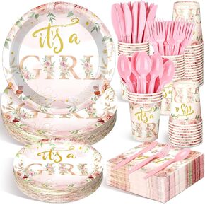 Dandat 350 Pcs Baby Shower Plates Set Baby Shower Party Supplies Serves 50 Tableware Sets Include Plates Napkin Cup Forks Knives Spoons Disposable Dinnerware for Boy Girl(Floral)