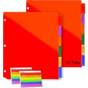 12 Tab Dividers with Pockets,Binder Dividers with Tabs, Dividers for 3Ring Binder,Divider with 24 Pcs Index Tab Stickers,Plastic Tabbed File Dividers with Tabs,Notebook Dividers