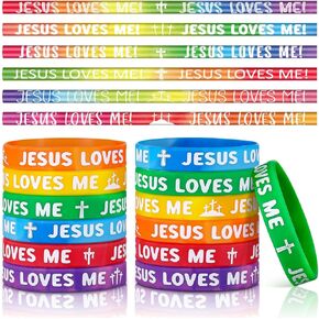 Zhanmai 48 Pcs Jesus Loves Me Pencils Silicone Wristbands Set Religious Colorful Wooden Pencil Christian Bible Verse Rubber Wristbands for Church Sunday School Gift Classroom Reward