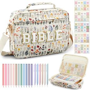 Large 12 x 9 x 2.5 Chenille Letter PU Leather Bible Cover for Woman with Bible Tabs 6 Colored Gel Pen 12 Highlighters Bible Case with Shoulder Strap for Study Bible Tote Bag Gifts(Floral)