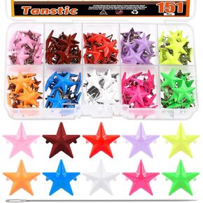 Tanstic 151Pcs Metal Star Studs Kit, 10 Colors 15mm Metal Punk Studs Claw Nailhead Punk Rivets with Large Eye Needle for DIY Leather Craft Clothing Bags Shoes Belts