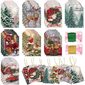 128PCS Christmas Gift Tags Hanging Labels 8 Designs, with String Christmas Tags, for Christmas Gifts Decoration, Party Decorations, Christmas Tree Hanging Wishes Card, DIY Decorative Message Tags
