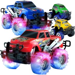 JoyX 4 Pack Light Up Monster Truck Car Toy with LED Tires, Best Birthday, for Boys and Girls Ages 3+, Push n Go & Pull n Go Cars, Race Truck Toy for Kid Party Favors and Daily Play