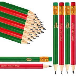 50Pcs Christmas Short Pencil with Eraser 4 in Red Green Writing Pencil Wood Xmas Winter Half Pencil for Classroom Office Stationery Gift