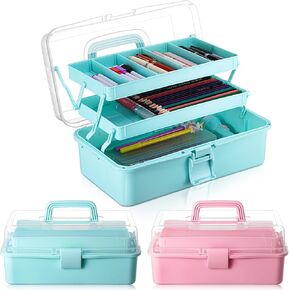 Tellingyou 2 Pcs 3 Layer Craft Organizer Storage Box for Art 13'' Multipurpose Plastic Medicine Storage Box with Handle Clear Folding Storage Box Portable Art Supply Organizer for Christmas Sewing