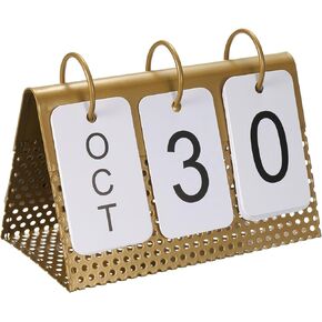 PATIKIL Vintage Wood Perpetual Calendar, Flip Calendar Turn Page Month Date Display for Desk Office Home Decoration Style 1, Golden