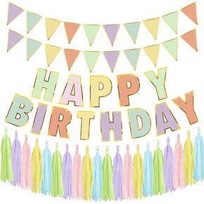 Macaron Happy Birthday Banner Pastel Birthday Party Decorations Happy Birthday Banner Triangle Flags with Paper Tassel Garland for Women Girls Party Supplies