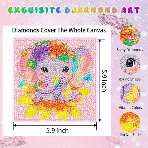 WEMEON 6 Pack Diamond Art Kits for Kids with Frames- Animal Diamond Painting Crafts for Kids Ages 4-8-12, Diamond Art Painting Birthday Gifts for Girls and Boys(6x6inch) in Saudi Arabia