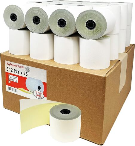 (32 Rolls) 2 Ply Carbonless Rolls 3" X 95 Feet White/Yellow Receipt Paper POS Cash Register Two Ply White/Canary for Star Micronics SP700 SP2000 UP389 Omni 480 TMU 220 250 Require Ribbons ERC30/34/38 in Saudi Arabia