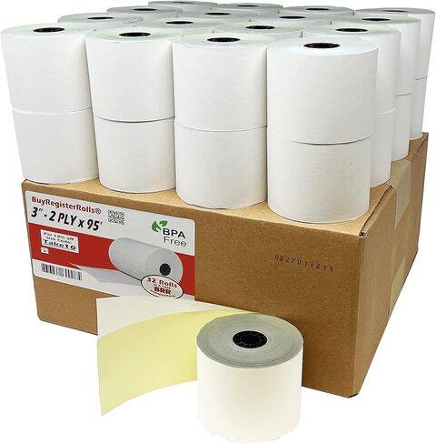(32 Rolls) 2 Ply Carbonless Rolls 3" X 95 Feet White/Yellow Receipt Paper POS Cash Register Two Ply White/Canary for Star Micronics SP700 SP2000 UP389 Omni 480 TMU 220 250 Require Ribbons ERC30/34/38 in Saudi Arabia