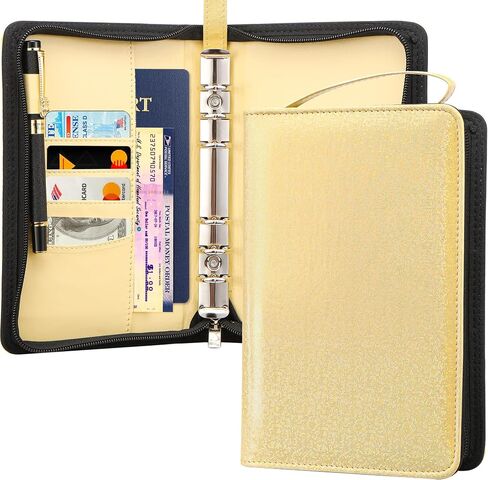 Toplive A6 Budget Binder مع سحاب، 6 حلقات غطاء مخطط قابل لإعادة الملء لنظام الميزانية النقدية A6، حافظة محفظة شخصية من جلد البولي يوريثان، أسود لامع in Saudi Arabia