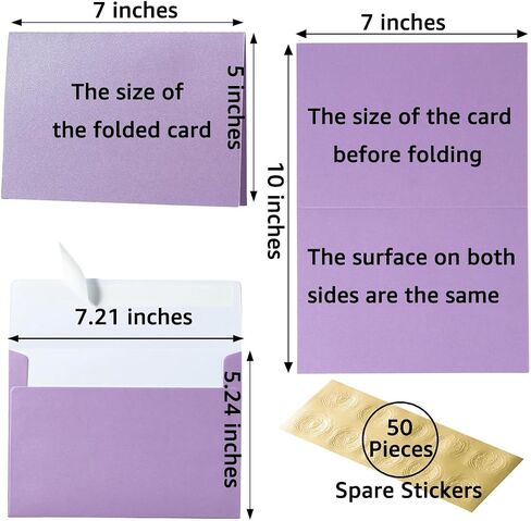 Wishop 50 Pack Shiny Self-Adhesive Envelopes with Shiny Fold Cards for Wedding Invitations, Greeting Cards, Baby Shower, Letter Mailing (Light Purple, 5x7) in Saudi Arabia