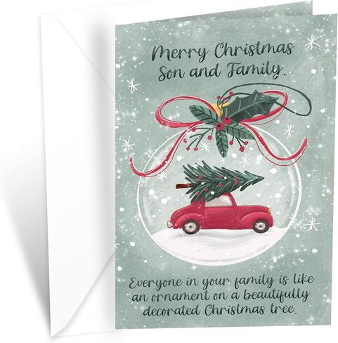 Prime Greetings Christmas Card For Son & Family (Wife), Made in America, Eco-Friendly, Thick Card Stock with Premium Envelope 5in x 7.75in, Packaged in Protective Mailer in Saudi Arabia