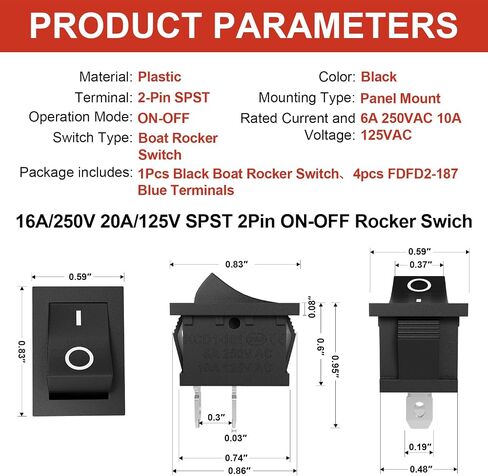 QTEATAK Boat Rocker Switch KCD1, Red, 2-Position SPST Panel Switch with 2-Pin, Rated at 6A 250VAC and 10A 125VAC, Includes 4pcs Blue Terminals FDFD2-187, CE Certified (1Pack) in Saudi Arabia