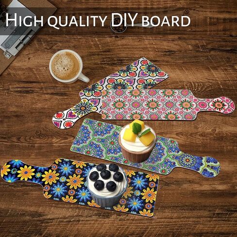 4 Pcs Diamond Art Painting Tray Board for Adults, DIY Crystal Rhinestones Diamond Art Board for Dining Table, Dessert Display Indoor Kitchen Dining Table Decoration New Year Gift (Flower Pattern) in Kuwait