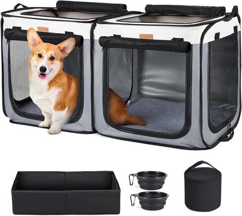 Lekebobor Soft-Sided Dog Crate - 2-in-1 Portable Travel Dog Crate for Medium-Sized Dogs Indoor & Outdoor, 7-Door Foldable Pet Kennel with Durable Mesh Windows,Grey in Saudi Arabia