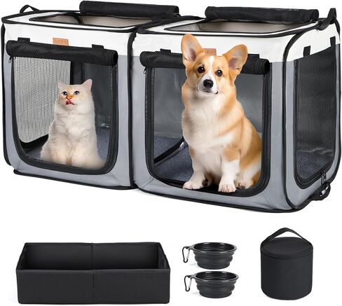 Lekebobor Soft-Sided Dog Crate - 2-in-1 Portable Travel Dog Crate for Medium-Sized Dogs Indoor & Outdoor, 7-Door Foldable Pet Kennel with Durable Mesh Windows,Grey in Saudi Arabia