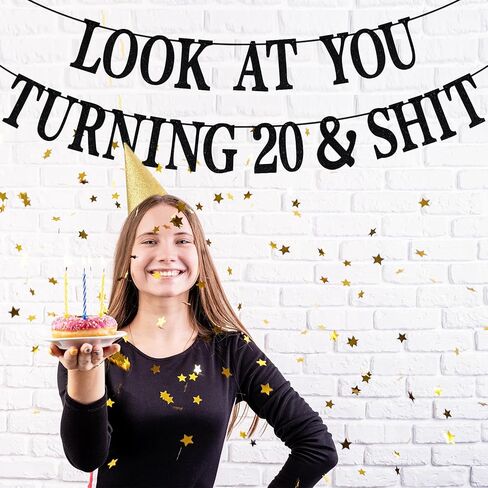 Black Glitter Look at You Turning 20 & Shit Banner, Happy 20th Birthday/Level 20 Unlocked/Cheers to 20 Years, Funny 20th Birthday Party Decorations Supplies in Saudi Arabia