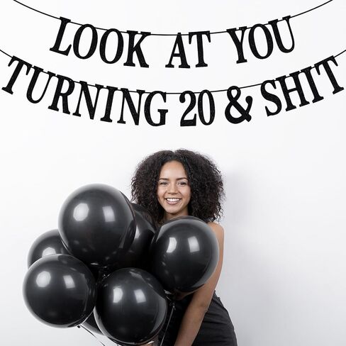 Black Glitter Look at You Turning 20 & Shit Banner, Happy 20th Birthday/Level 20 Unlocked/Cheers to 20 Years, Funny 20th Birthday Party Decorations Supplies in Saudi Arabia