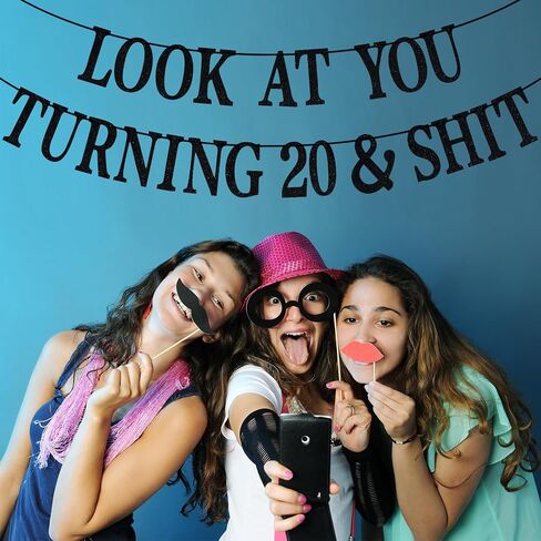 Black Glitter Look at You Turning 20 & Shit Banner, Happy 20th Birthday/Level 20 Unlocked/Cheers to 20 Years, Funny 20th Birthday Party Decorations Supplies in Saudi Arabia