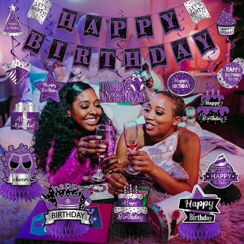 زينة حفلة عيد ميلاد أرجوانية، زينة عيد ميلاد للنساء تتضمن لافتة عيد ميلاد سعيد، ودوامات معلقة وقطع مركزية على شكل قرص العسل، وديكورات أرجوانية لمستلزمات الحفلات in Kuwait