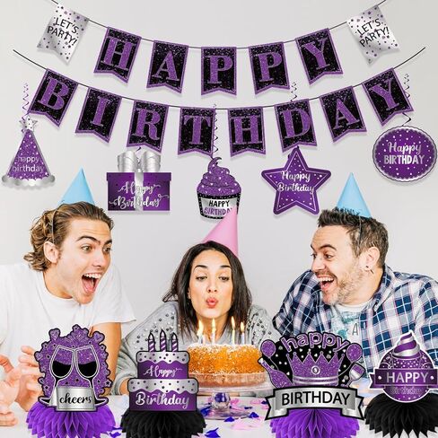 زينة حفلة عيد ميلاد أرجوانية، زينة عيد ميلاد للنساء تتضمن لافتة عيد ميلاد سعيد، ودوامات معلقة وقطع مركزية على شكل قرص العسل، وديكورات أرجوانية لمستلزمات الحفلات in Kuwait