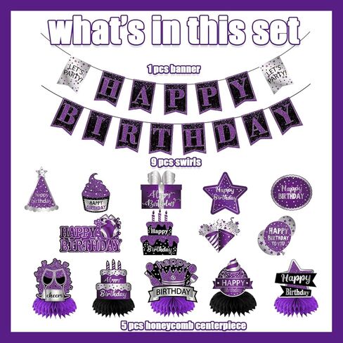 زينة حفلة عيد ميلاد أرجوانية، زينة عيد ميلاد للنساء تتضمن لافتة عيد ميلاد سعيد، ودوامات معلقة وقطع مركزية على شكل قرص العسل، وديكورات أرجوانية لمستلزمات الحفلات in Kuwait