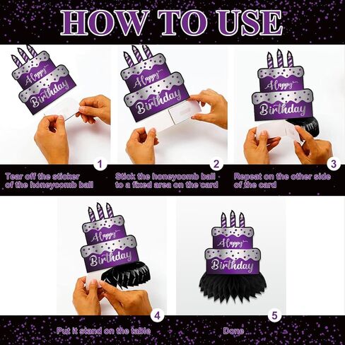 زينة حفلة عيد ميلاد أرجوانية، زينة عيد ميلاد للنساء تتضمن لافتة عيد ميلاد سعيد، ودوامات معلقة وقطع مركزية على شكل قرص العسل، وديكورات أرجوانية لمستلزمات الحفلات in Kuwait