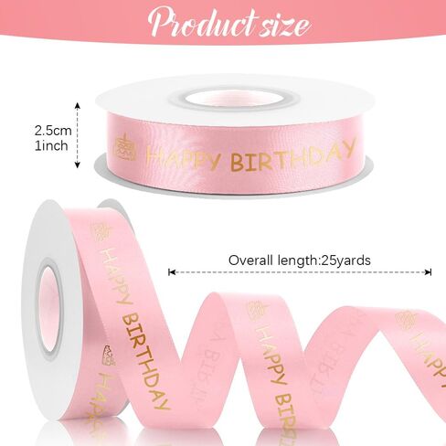 Happy Birthday Ribbon for Bouquet 25 Yards White Ribbon 1 Inch Pink Birthday Ribbon for Gift Wrapping Birthday Ribbons with Gold Foil for Birthday Decor Ribbon Bow Wrapping Ribbon for Cake Ribbon in Kuwait