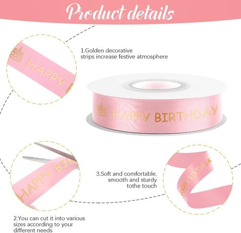 Happy Birthday Ribbon for Bouquet 25 Yards White Ribbon 1 Inch Pink Birthday Ribbon for Gift Wrapping Birthday Ribbons with Gold Foil for Birthday Decor Ribbon Bow Wrapping Ribbon for Cake Ribbon in Kuwait