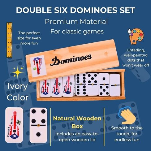 Dominos Set for Adults - Professional Puerto Rican Guitar Dominoes Set with Spinner, 28 Double Six Tiles in Wooden Box - Elegant Dominoes Set for Kids and Adults in Saudi Arabia