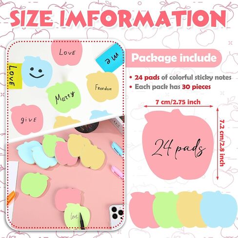 Apple Sticky Notes Back to School Self Sticky Note Pads 2.83 x 2.76 Inch Colored Apple Shaped Sticky Tabs Fun Sticky Notes for Teachers Notebooks School Office Supplies (24 Pcs) in Saudi Arabia