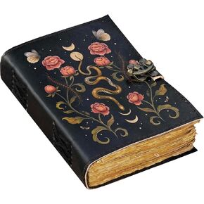 Blank Spell Book of Shadows Journal Moon Phase Printed Witchcraft Supplies Wiccan Notebook Handmade Vintage Deckle Paper Grimoire Journal Leather Sketchbook, Drawing Journal (Serpent Garden)