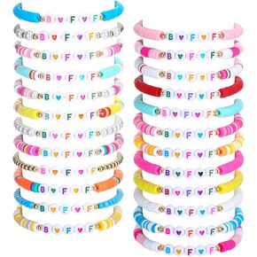 Sureio 24 Pcs Colorful Bff Bead Friendship Bracelets Bulk for Tween Girls Kids Stackable Clay Disc Colorful Stretch kids Bracelets for Boho Summer Beach Best Friend Jewelry Gift