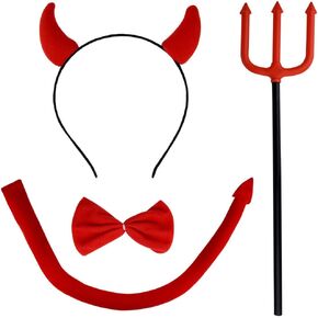 Halloween Devil Costume Set Devil Horn Headband Red Devil Tail Bowtie Devil Red Pitchfork Demon Cosplay Hair Hoop Accessories for Carnival Themed Party Prop Costume Decoration