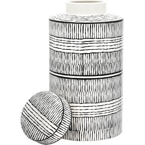 Torre & Tagus Takara Black and White Ginger Jar Vase with Lid - 8" Tall Modern Vase for Flowers as Room Decor - Classic Handmade Home Decor for Storage & Table Centerpiece Display with Lattice Artwork