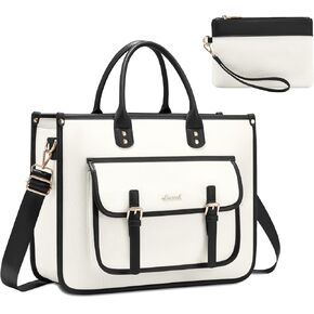 LOVEVOOK Laptop Bag for Women 15.6 inch Lightweight Canvas Laptop Tote Bag, Large Capacity Shoulder Messenger Bag for Business, Work, Office, Travel, School（Beige & Black，15.6 Inch）