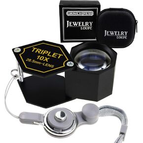 10x Magnification Jewelery Loupe, 20.5mm Triplet Lens Achromatic Optical Glass Metal (Aluminum) Body Black Frame Hexagonal Design Kit Set Jewelry Pocket Magnifying Tool